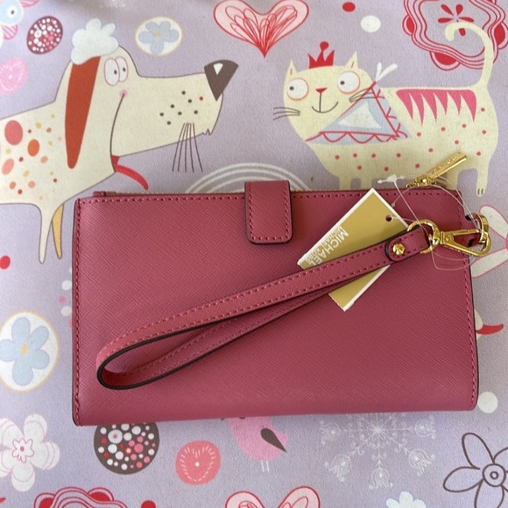 Michael Kors Jet Set Travel Large Double Zip Wristlet Wallet Rosewood Leather - Picture 9 of 15